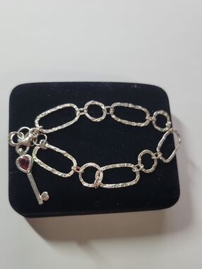 Sterling Silver Textured Link Bracelet with Heart Key Charm - Silver